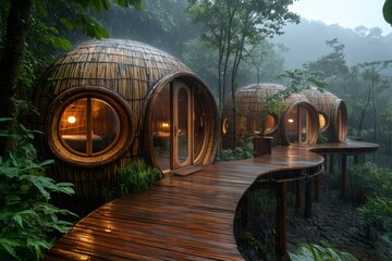 Wooden boardwalk leading to spherical bamboo bungalows in tropical rainforest during rain