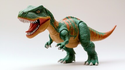 Fototapeta premium Green and orange Tyrannosaurus Rex dinosaur toy model
