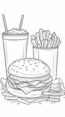 Cheeseburger, fries, and soda; fast food meal illustration; coloring page;  restaurant menu design.