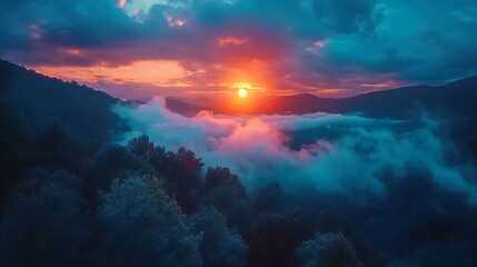Naklejka premium Aerial sunset view of Blue Ridge Mountains with clouds floating at eye level 