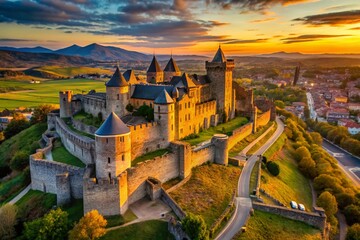 Fototapeta premium Aerial View of Medieval Castle in Carcassonne, Scotland - Drone Photography