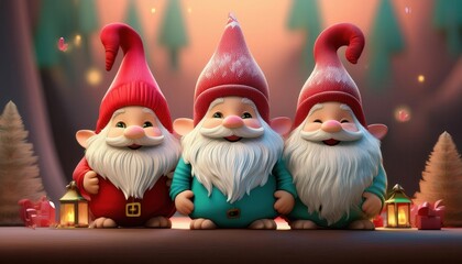 Three cheerful gnomes with colorful hats and fluffy beards stand together, surrounded by festive decor, evoking a whimsical holiday spirit.
