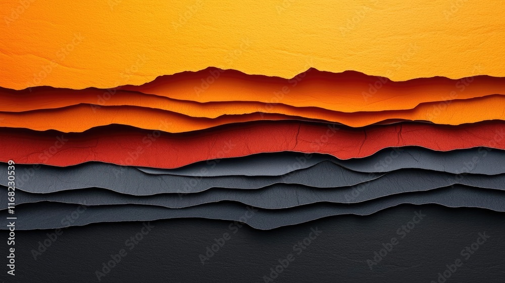 Poster Grungy abstract background idea. Abstract paper layers create a striking sunset landscape in warm colors.