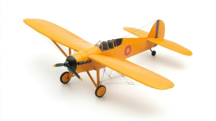 A bright yellow biplane model showcasing vintage aviation design and craftsmanship.