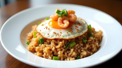 A beautifully styled Indonesian nasi goreng with a fried egg and shrimp crackers