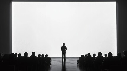 Businessman Silhouette in Front of Large Blank Screen