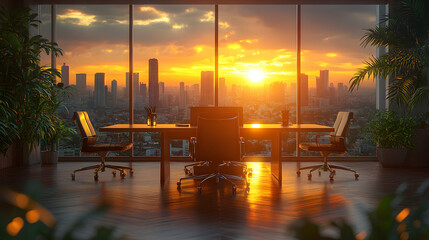 Modern Office Sunset Cityscape View Stunning Panorama