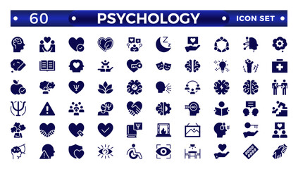 Psychology and mental solid icons collection. Big UI icon set in a flat design.Set of positive thinking icon. Containing self-care, optimism, be loved, healthy lifestyle, happiness. Solid icon set.
