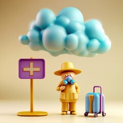 medicine toxic accident concept. Colorful character with suitcase under a cloud and a health sign.