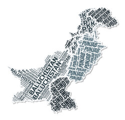Pakistan shape text cloud. Country border with shadow on white background. Pakistan with regions division in vintage gazette style. Awesome vector illustration.