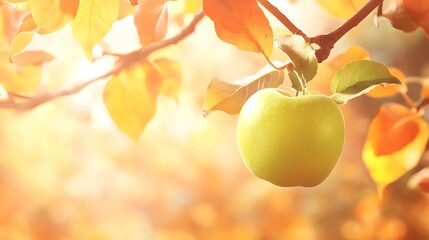 A single green apple hangs from a branch with autumn leaves