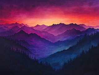 Obraz premium Layered mountain silhouettes during a vibrant sunset, seen from above 