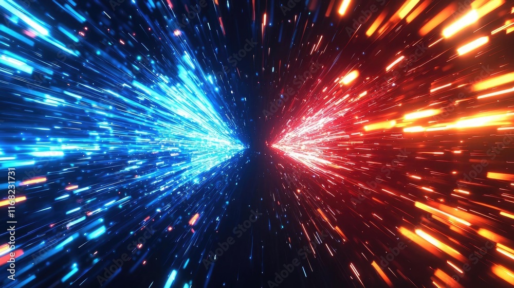 Poster Burst abstract background concept. Dynamic scene of colorful light streaks converging, representing energy and speed.