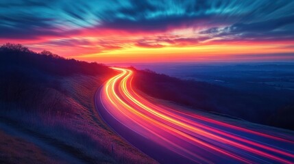 Vibrant Sunset Light Trails Cars Speed Motion Over Winding Road