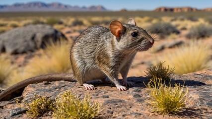 In the Desert: Central Rock Rat Maneuvering Through Sparse Vegetation and Rugged Terrain