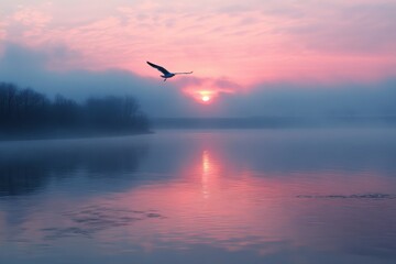 Majestic eagle soaring over a serene lake at sunrise with vibrant colors reflecting on the water