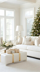 Obraz premium Luxurious white living room with Christmas tree, presents, and natural light. Ideal for holiday home decor websites.