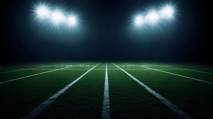 Naklejka premium Football field illuminated by stadium lights with copy space on dark background