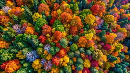 Aerial View of Multicolored Autumn Leaves, Stunning Fall Foliage Texture Background
