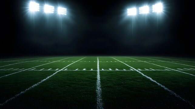 Football field illuminated by stadium lights with copy space on dark background