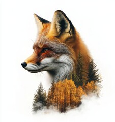 Fototapeta premium Double Exposure with Fox and Forest on White Background, Generative AI