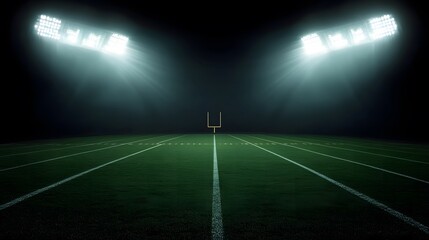 Football field illuminated by stadium lights with copy space on dark background