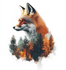Naklejka premium Double Exposure with Fox and Forest on White Background, Generative AI