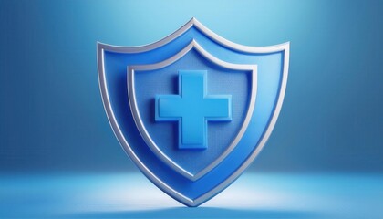 Obraz premium A blue shield with a cross symbolizing protection and health, set against a soft blue background.