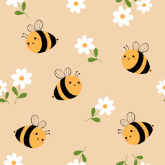 Seamless pattern with cute bee and flower on light orange background for your fabric, children textile, apparel, nursery decoration, gift wrap paper, kids bedding. Vector illustration