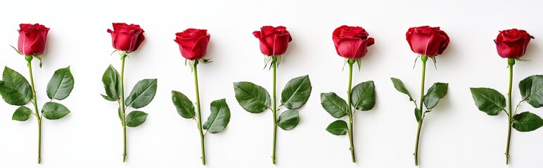 Fototapeta premium Seven red roses in a row on white background.