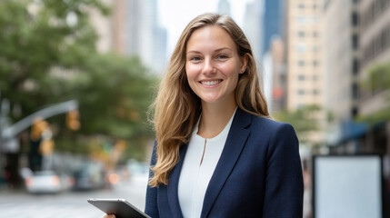 German business woman in suit smiling holding tablet at city with skyscrapers