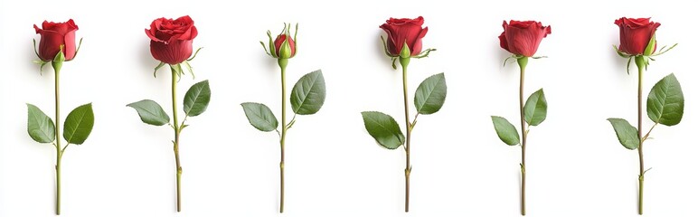 Fototapeta premium Six stages of red rose growth on white background.