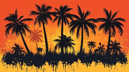 Obraz premium Silhouette of tropical palm trees set against a vivid sunset, ideal for summer travel themes and tropical decor.