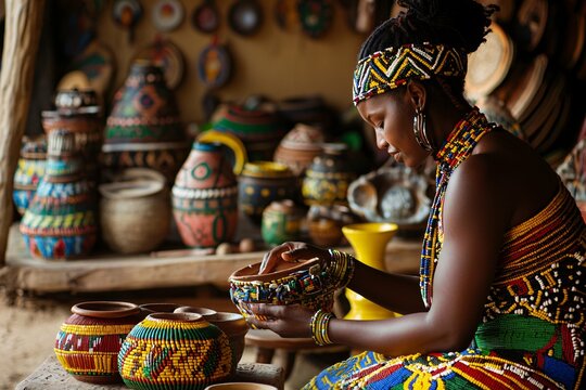 This striking image showcases Zimbabwean artisans skillfully creating traditional pottery, intricate beadwork, and vibrant textiles, celebrating the nation's rich cultural heritage.