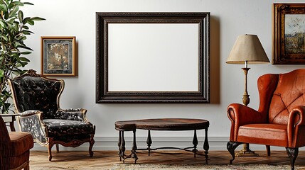 Elegant Living Room Interior with Large Empty Frame Vintage Chairs and Coffee Table