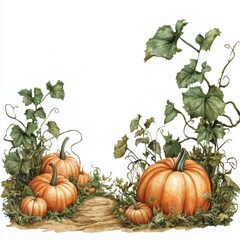 Autumn Harvest Scene with Pumpkins and Green Vines on a White Background Ideal for Seasonal Decor and Designs