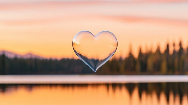 valentine bubble concept. A solitary heart shaped bubble floats gracefully across the still mirrored surface of a serene lake reflecting the warm hues of a picturesque sunset The ethereal - Powered by Adobe