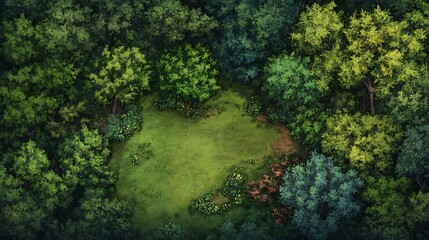 Top-down perspective of forested rural land with small clearings for agriculture 