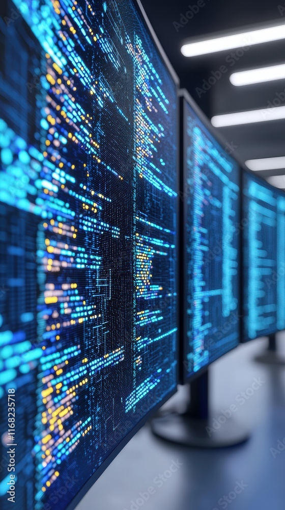 Poster digital data flow on multiple screens in a modern tech environment