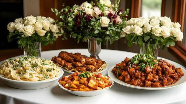 Delicious Italian Food Buffet at Wedding Reception.  Flowers decorate the background. Ideal for event planning websites.