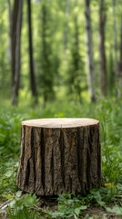 Fototapeta premium Tree stump in forest, nature background, product display, advertising.