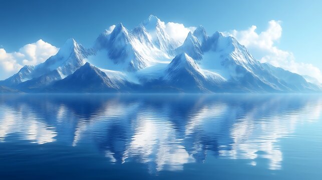 Majestic Snow-Capped Mountains Mirrored in Serene Waters: A Tranquil Landscape - Powered by Adobe