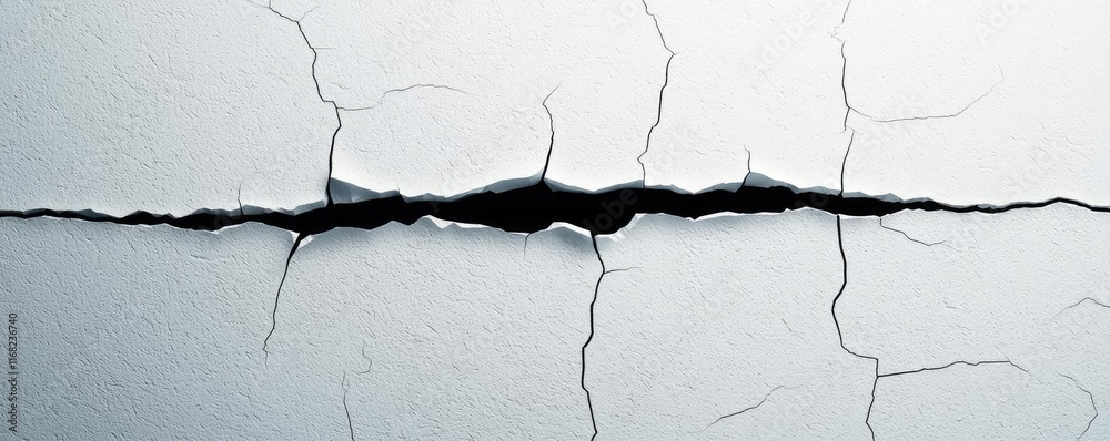Poster Grungy abstract background idea. Close-up view of a crack on a white surface, revealing textures and patterns beneath.