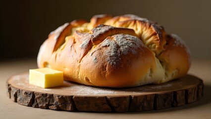 A freshly baked loaf of bread on a rustic wooden cutting board with butter on the side