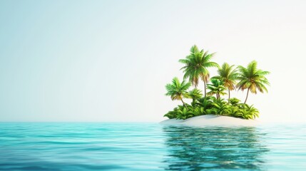 Obraz premium A serene tropical island with lush palm trees surrounded by calm turquoise waters under a clear sky.