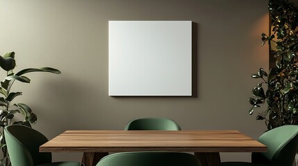 Modern Dining Room Interior Mockup Blank Canvas Wall Art Above Wooden Table with Green Chairs and