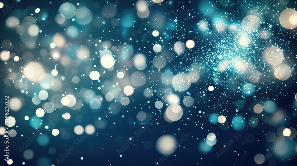 Poster Burst abstract background concept. Shimmering blue background with vibrant dots creating a magical bokeh effect.