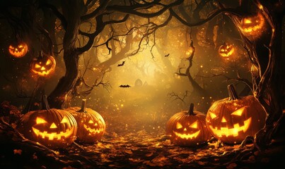Naklejka premium Halloween Theme Digital Background with Glowing Lights, Generative AI