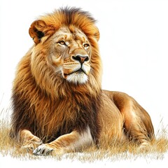 Fototapeta premium Majestic Lion Sitting Gracefully in Natural Habitat with Lush Greenery and Detailed Fur Texture