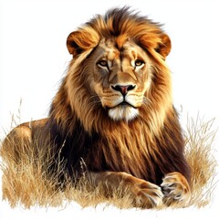 Fototapeta premium Majestic Lion Sitting Among Grass with Intense Gaze in Portrait Style
